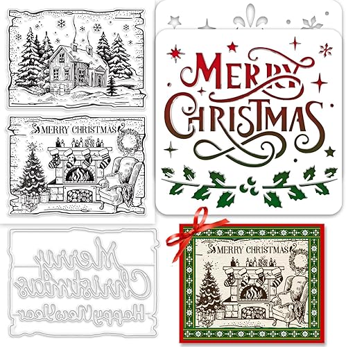 Juego de troqueles y sellos de Feliz Navidad, plantilla de pared para árbol de Navidad, troqueles de corte de Feliz Año Nuevo, sello transparente