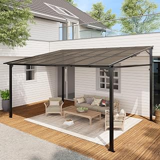 MegaChoice 10x14 FT Wall Mounted Heavy Duty Gazebo Pergola - All-Weather Lean-To with 6mm UV-Blocking Polycarbonate Roof for Patio Deck Backyard