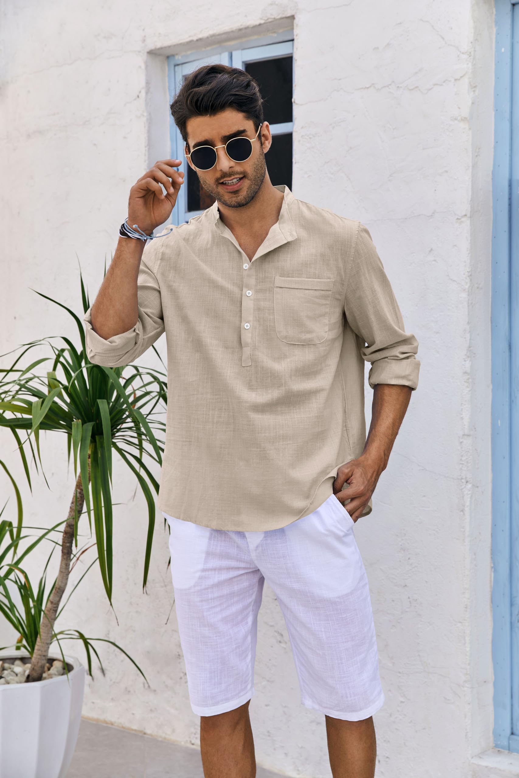 Runcati Camicia da uomo in lino a maniche lunghe, in cotone e lino, per il tempo libero, vestibilità normale, camicia estiva
