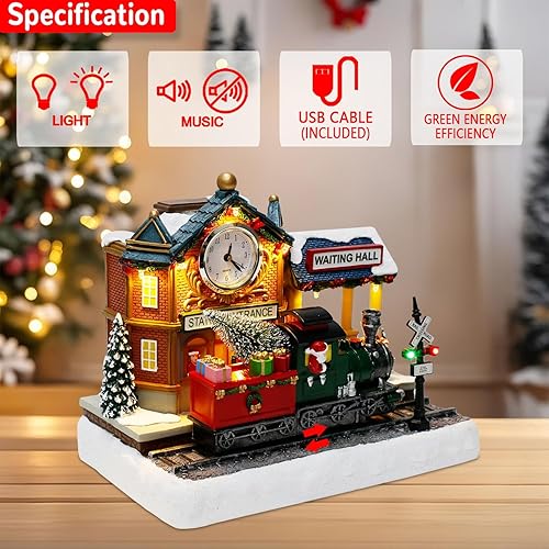 Miniatura 2 de Decoración de mesa de estación de tren animada navideña, edificio iluminado con reloj, música, luces LED, tren en movimiento, exhibición interior de