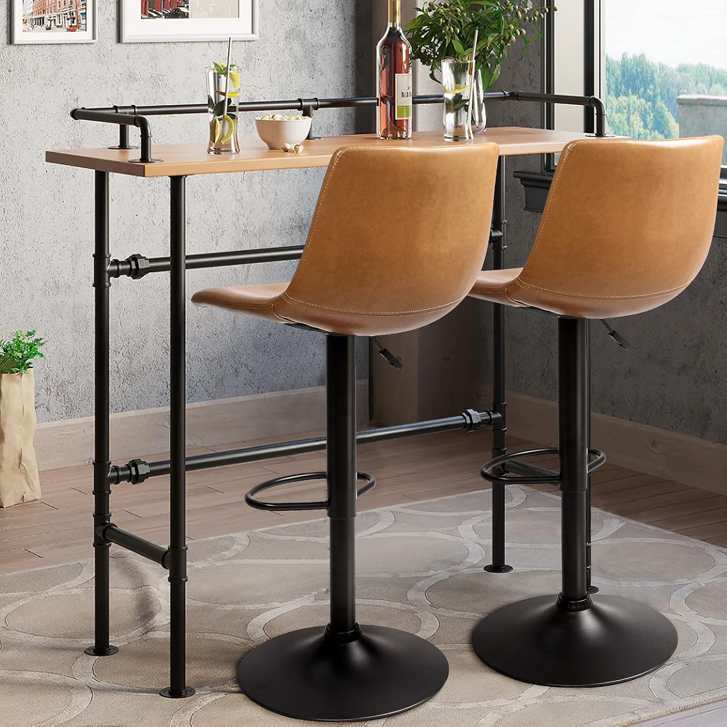 Waleaf Adjustable Swivel Bar Stools Set of 2,Counter Heigh Bar Stools with Back,350 LBS PU Leather Bar Stool for Kitchen Island,Upholstered Pub Stools with Footrest,Armless Dining Chairs for Bar : Home & Kitchen