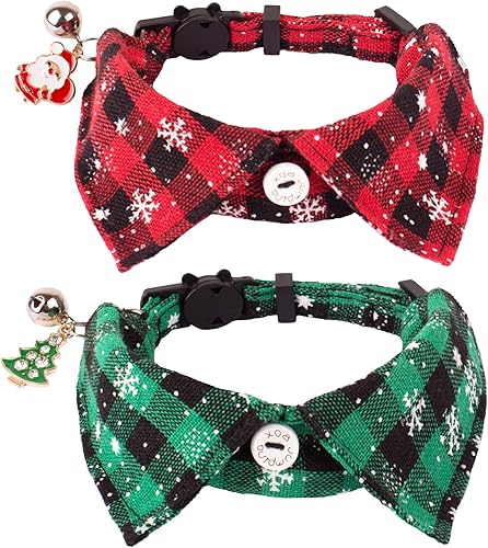 ADOGGYGO Collares navideños para gatos con campana, paquete de 2 collares formales de esmoquin de gato de Navidad con cuello de camisa extraíble,
