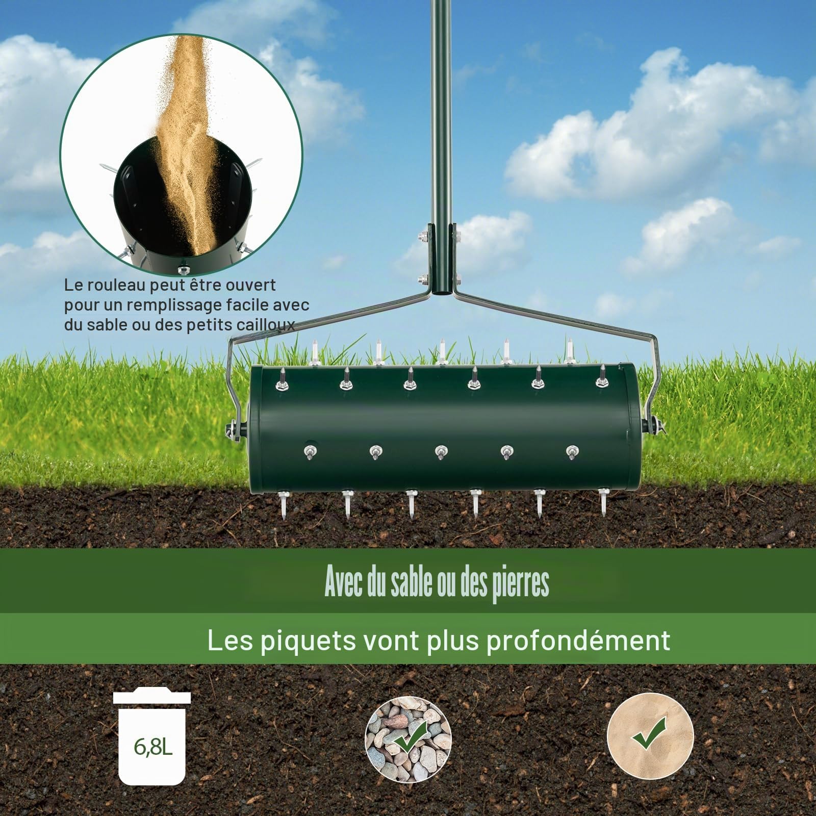 SOARS Rouleau Aérateur Gazon, Scarificateur Gazon Manuel, avec Clous et Manche de 3,5 CM, Métal Galvanisé de Qualité Supérieure, pour Pelouse, Jardin, Cour (Vert-53 x 130cm)