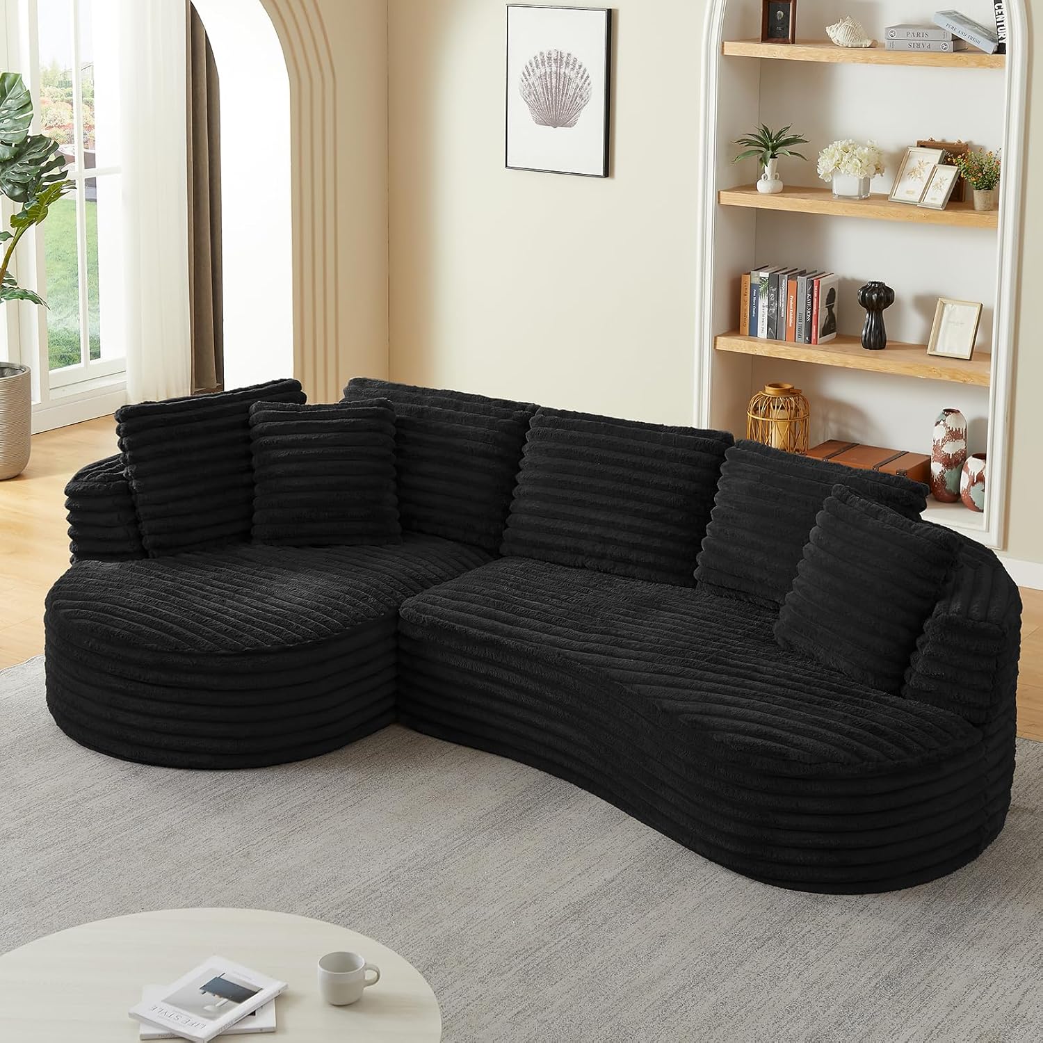 120.9" W Oversized Curved Boneless Couch, Corduroy Comfy Cloud Sectional Couches for Living Room Bedroom, Modern Cozy L-Shaped Corner Sofa, Upholstery Sectional Sofa, No Assembly(Left-Facing, Black)
