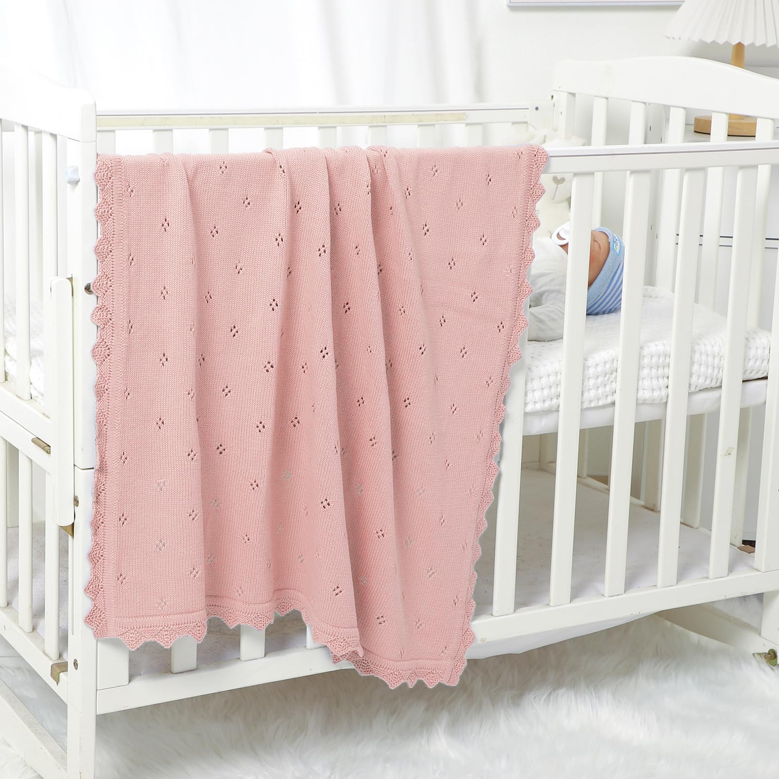 Hadetoto Baby Blanket 100% Cotton Knit Baby Blankets Baby Gifts Baby Essentials for Newborn 100 x 80 cm (Pink) - Image 3