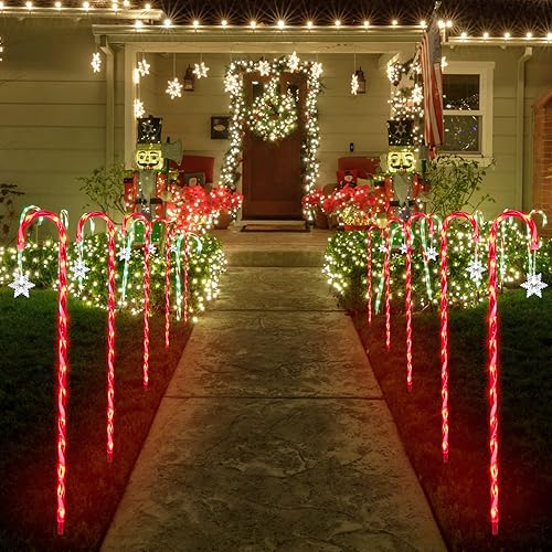 Miniatura 2 de XMASLAND 10 luces LED de 33 pulgadas con 160 luces LED de bastón de caramelo de Navidad con estacas y copo de nieve, luces de marcador de camino de