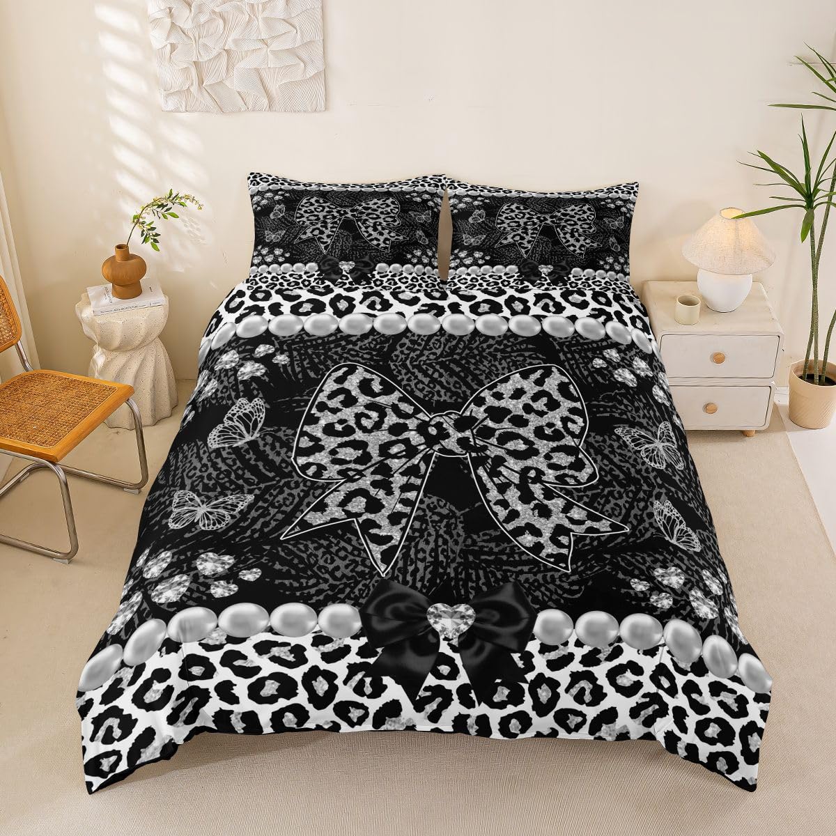 Homewish Panthera kokarda lampart nadruk gepard kot wzór king pościel czarna szara kokardka perła poszewka na kołdrę zestaw poszewka na kołdrę dzikie safari zestawy łóżek