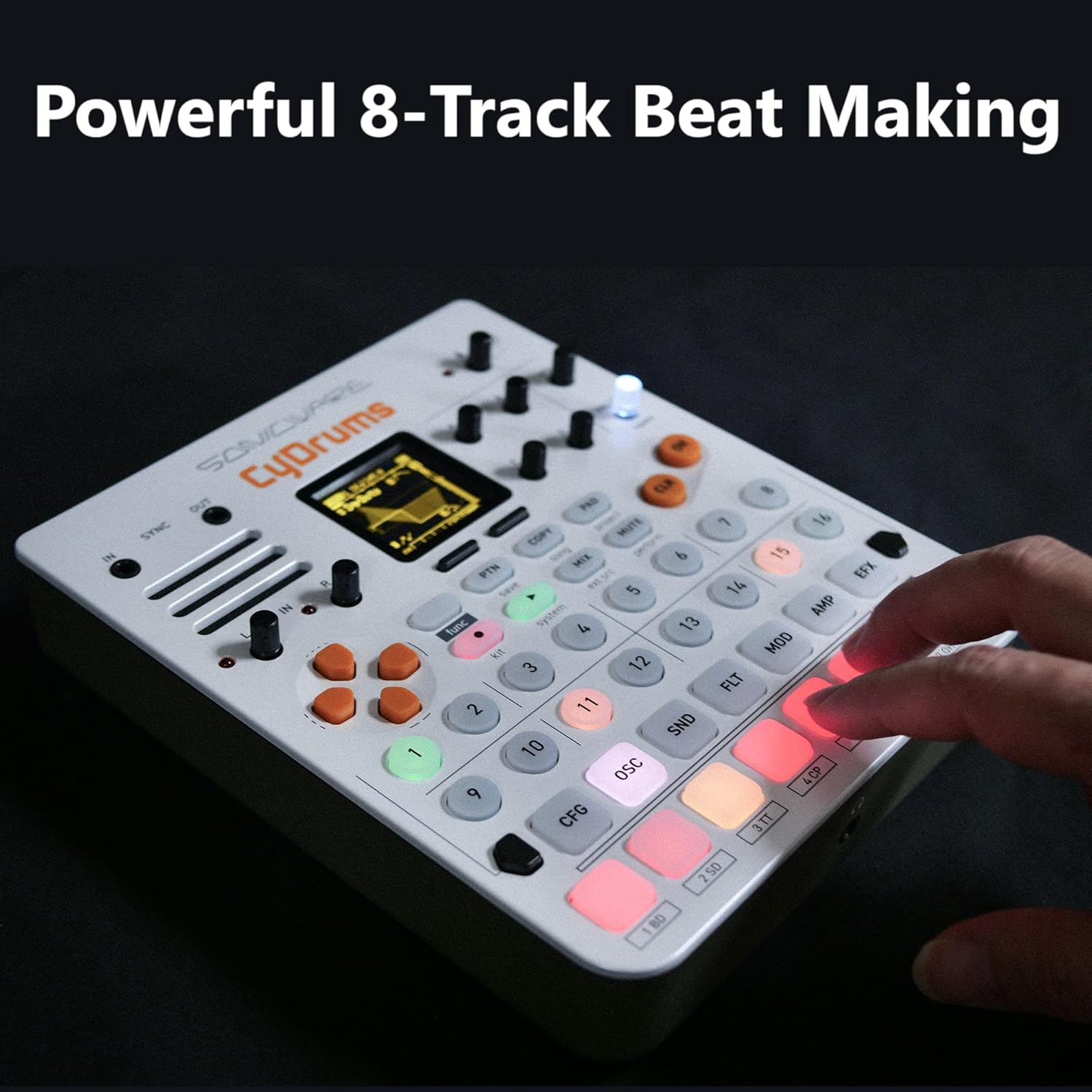Hands operating the CyDrums sequencer pads for beat creation