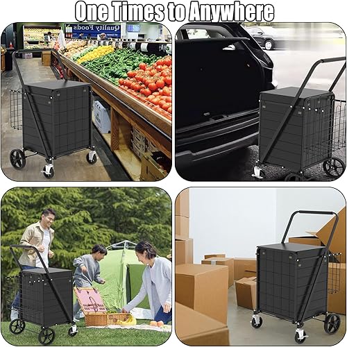 Miniatura 7 de Carrito de compras plegable con ruedas giratorias de freno, carrito de comestibles jumbo con bolsa impermeable y canasta doble, carrito de utilidad