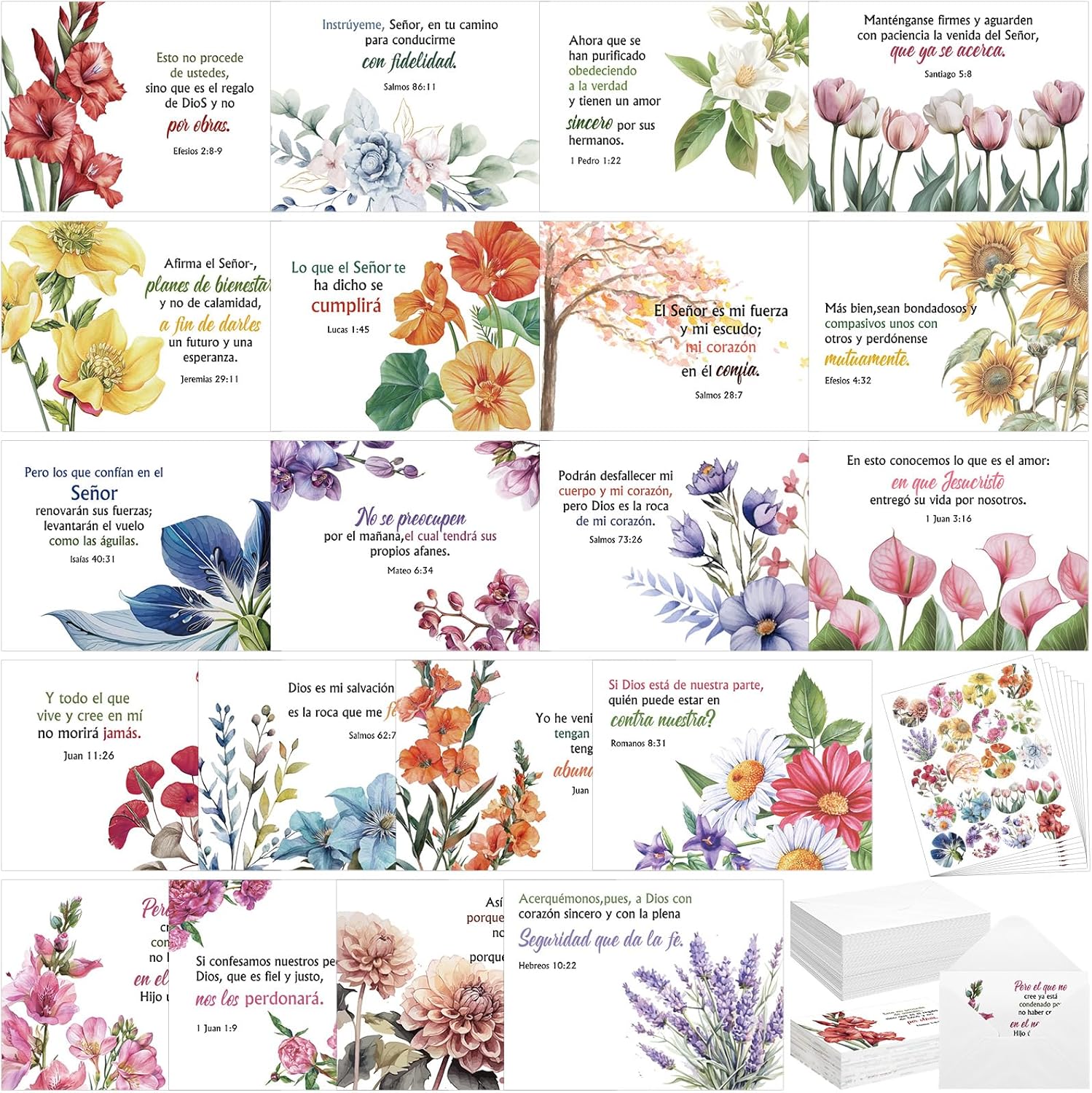100 Set Spanish Christian Greeting Cards with Envelopes and Stickers 4'' x 6'' Encouragement Bible Verse Thinking of You Cards Scripture Note Religion Gifts(Flower)