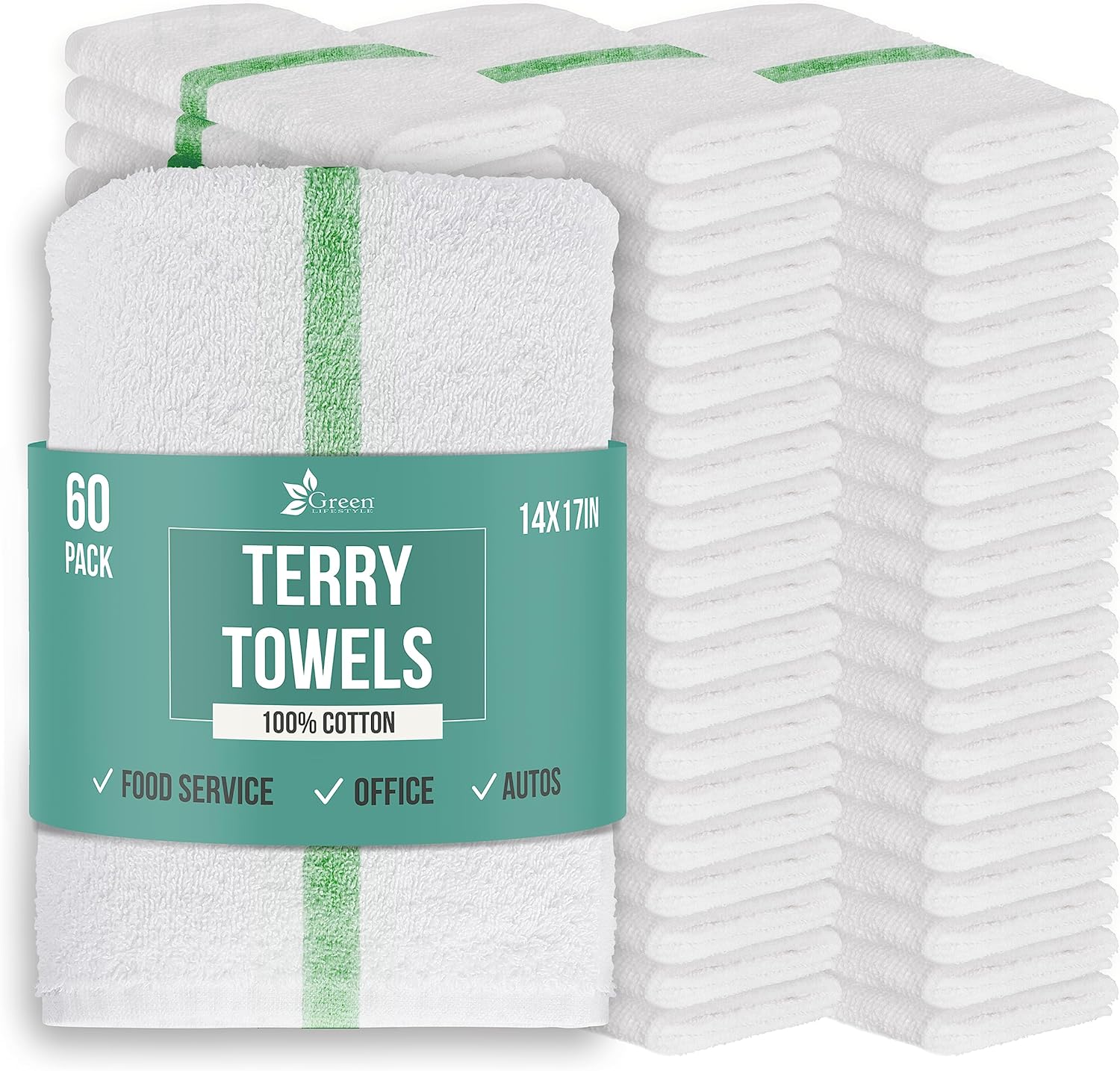 GREEN LIFESTYLE Green Striped Terry Towels, White Rags, Bar