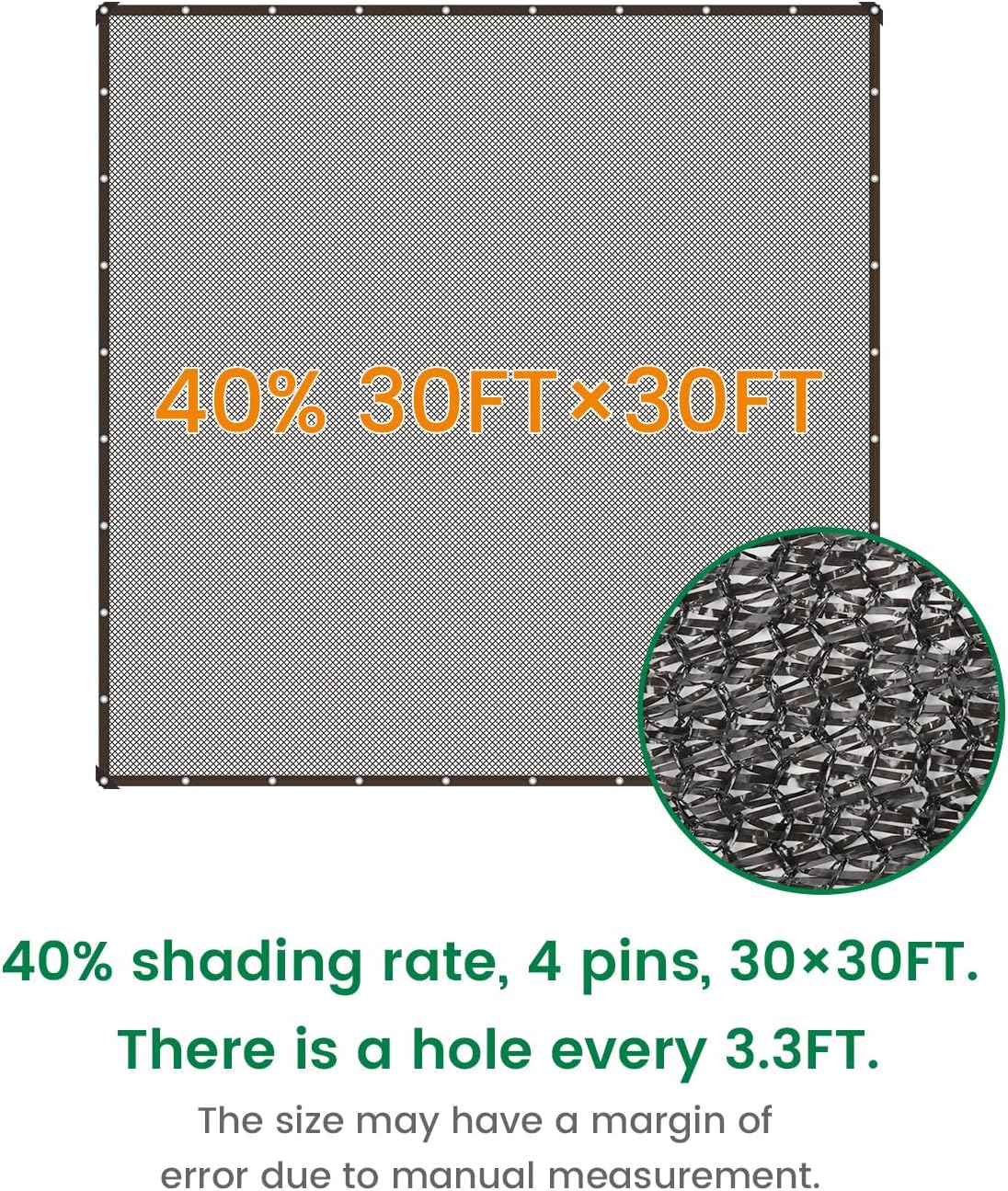 40% 30 X 30 FT Black Shade Cloth, Outdoor Woven Sun Shade with Grommets, Durable Breathable Netting Shading Antifreezing for Patio, Garden, DIY Home, Plants Cover, Greenhouse, Dog Kennel