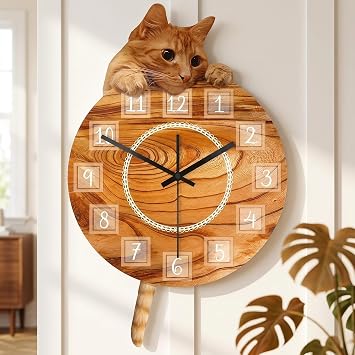 Cat Clock with Moving Tail, Cartoon Cat Wall Clock Battery Operated | Cat Pendulum Swinging Wall Clock, Silent Non Ticking, Easy to Assemble, Creative DIY, For Bedoom Living Room Cat Lovers