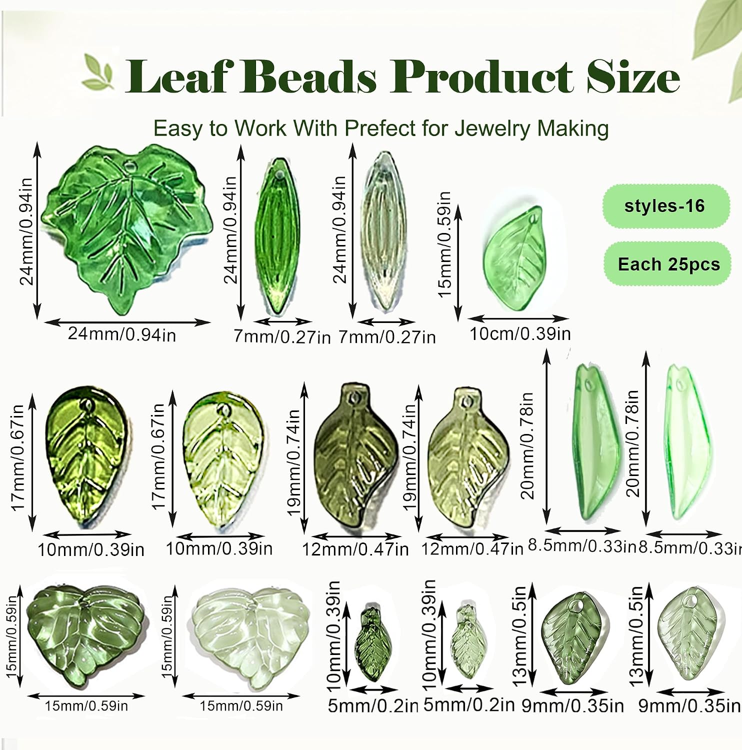 Green Acrylic Leaf Beads Bulk 400PCS – 16 Styles Unique Leaf Charms image 3