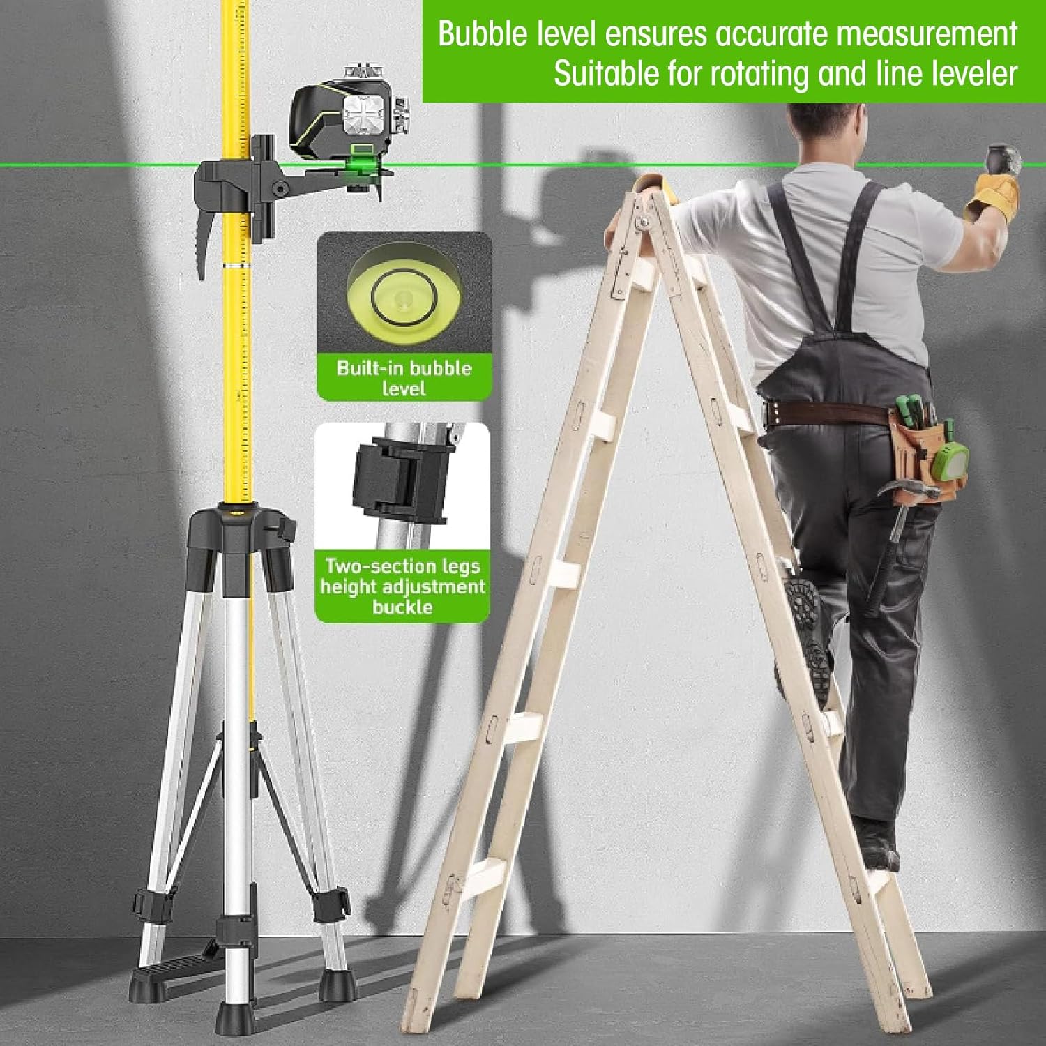 Lasers Telescopic Pole, Aluminum Alloy and Plastic Level Tripod, 1/4-20 Thread Bracket, Adjustable Bubble Level Mounting Pole for Rotary and Line Lasers