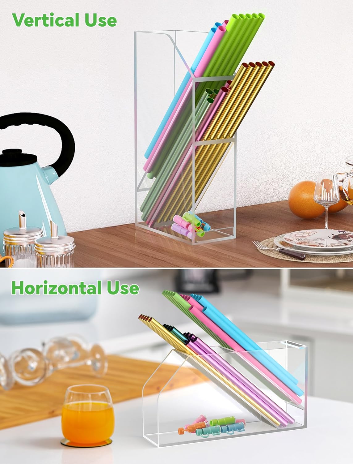 NiHome Straw Holder for Kitchen Cabinet Door, Large Capacity Dual Compartments for 10-12 Inch Straws, Angled Design for Easy Access, Extra Bottom Storage for Caps, Horizontal or Vertical Placement - Image 2