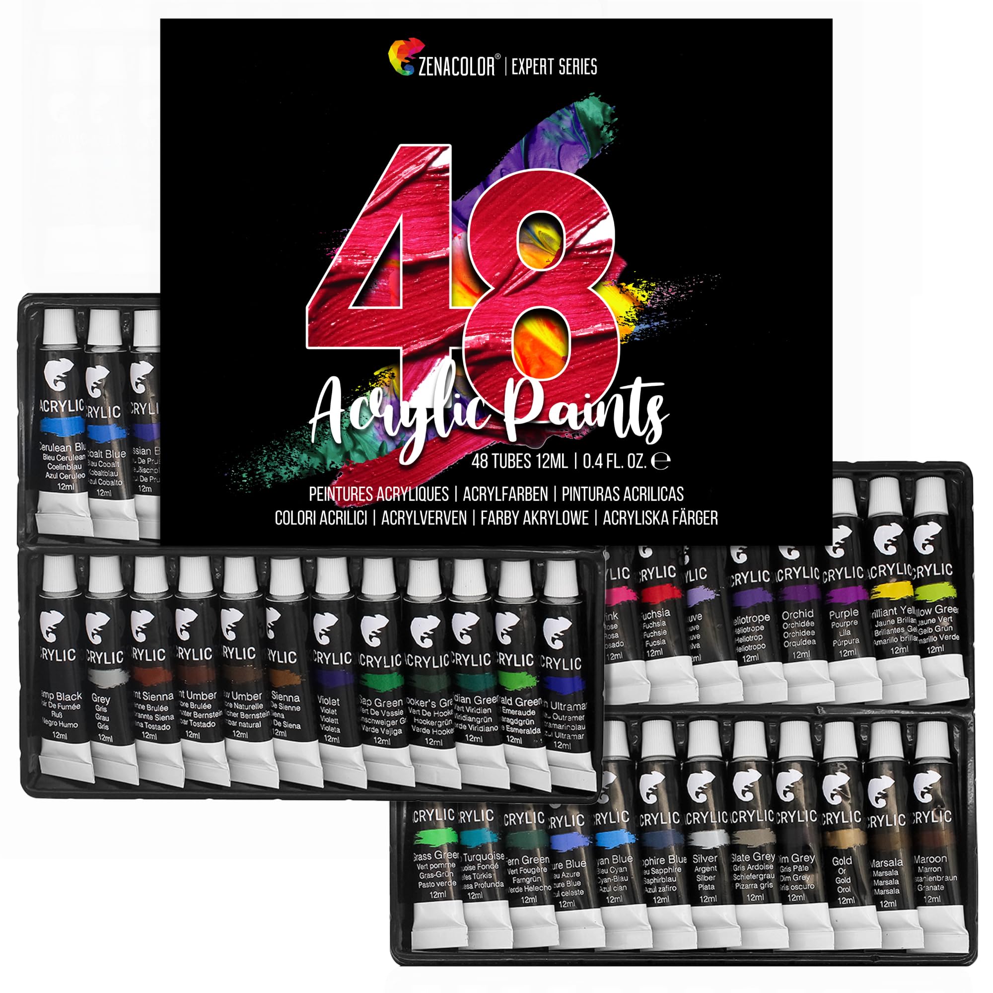 Zenacolor 48 Tubos de Pintura Acrílica 12mL Set para lienzos y manualidades