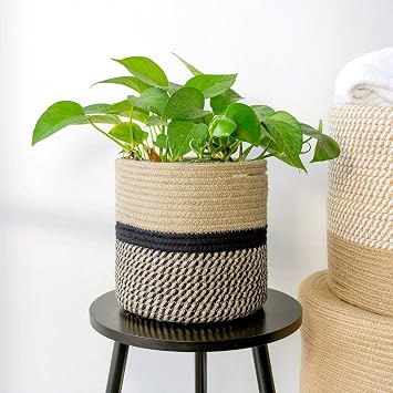 TIMEYARD Small Wicker Plant Basket, Planter for Indoor Plants, Black Jute