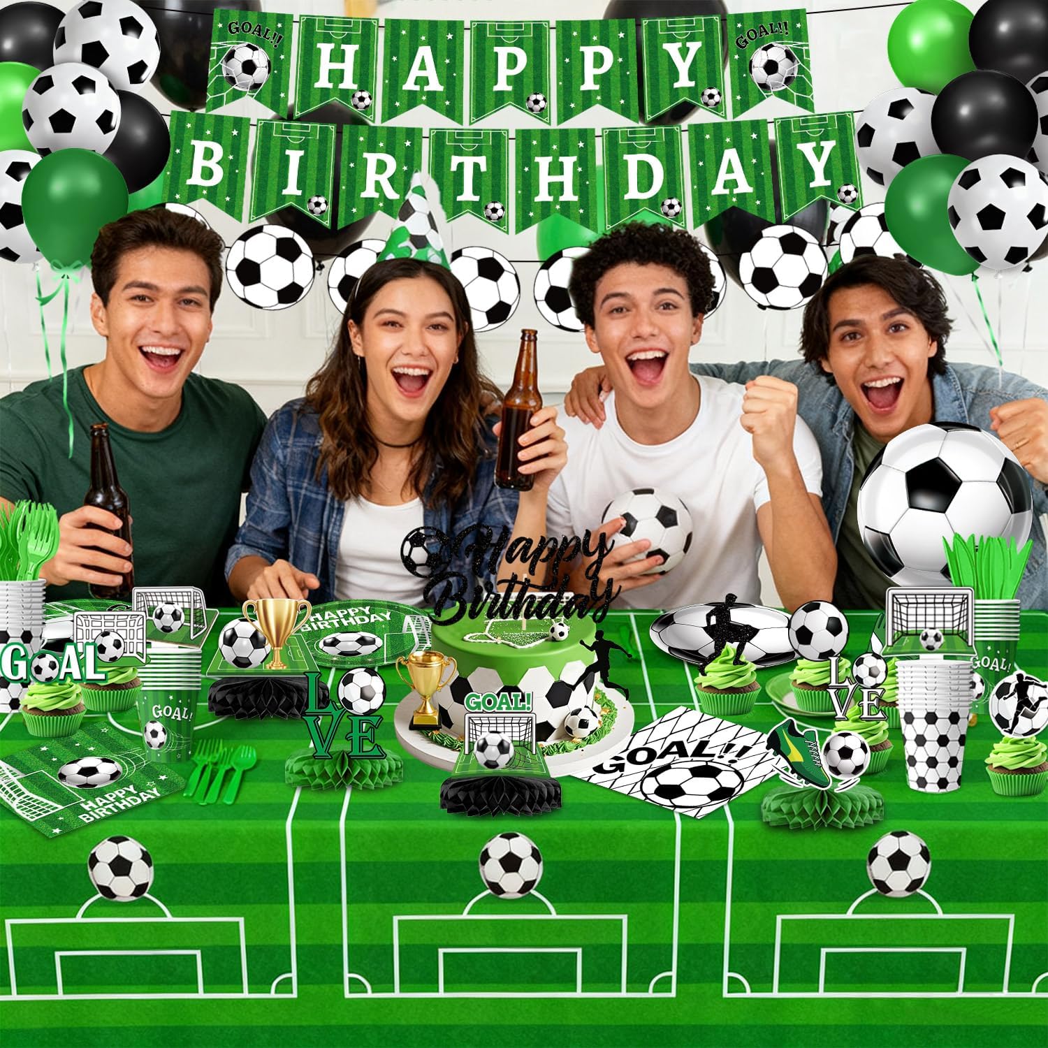 Soccer Birthday Party Decorations Includes Plates, Napkins, Cups, Tablecloths, Balloons, Cake & Cupcake Toppers, Honeycomb Centerpieces, Banner for Sport Soccer Party Decorations, Serves 24