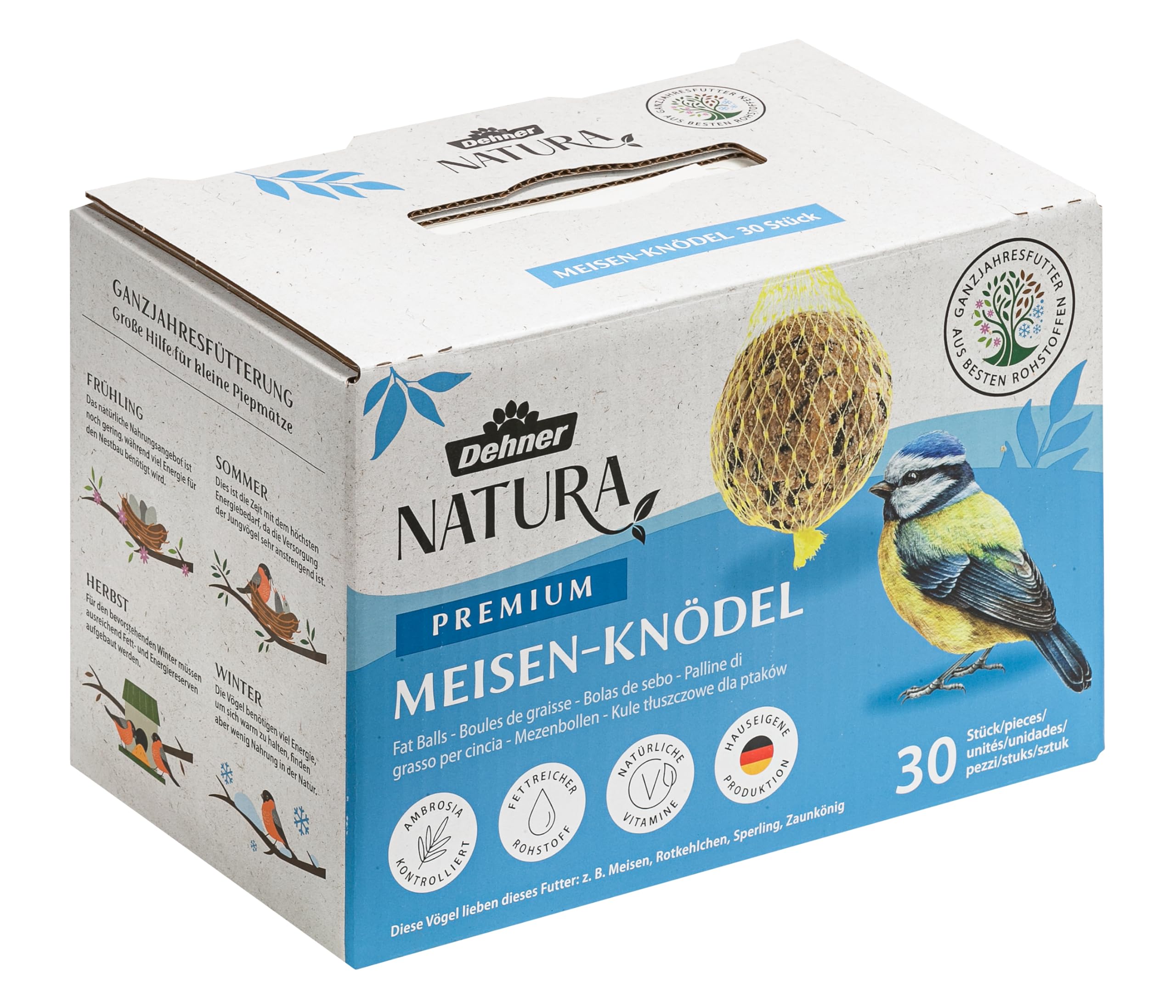Dehner Natura Mangime per uccelli selvatici palline per cinciallegre rete biologica 30 pezzi 2,7 kg