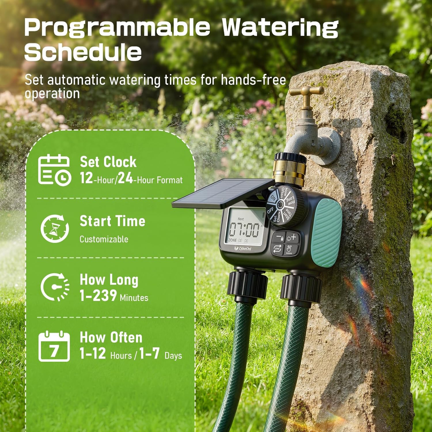 2 Zone Solar Water Timer, Hose Timer with Solar Charging, Sprinkler Timers for Garden Hose with Auto/Manual/Rain Delay Modes, Digital Drip Irrigation System for Lawn/Patio/Garden