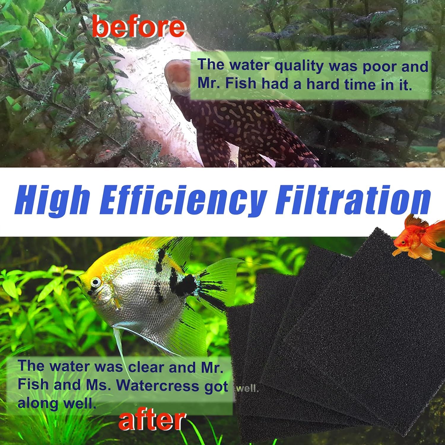 MEISO 5 Pezzi Filtro Carbone Attivo, Cuscinetti di Ricambio per Filtro per Acquario, in Spugna di Carbone Attivo, Filtro Multiuso a Carboni Attivi, Compatibili con Pesci e Acquari