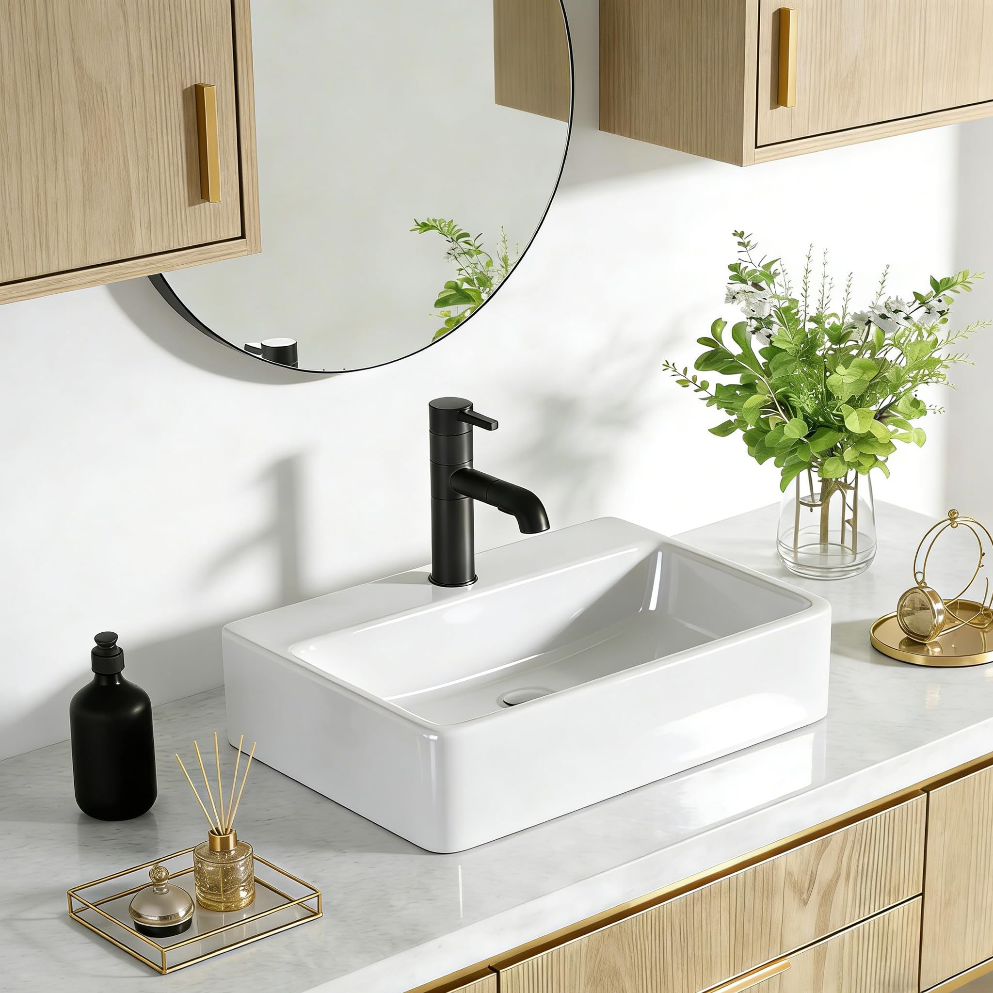 NUESTRA VIDA Lavabo sobre encimera de cerámica blanco, diseño rectangular y compacto (40x29.5x12 cm), incluye orificio para grifo, ideal para baños pequeños y aseos