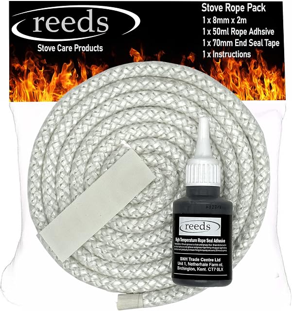 Stove Rope Kit 8mm x 2m Long with Reeds Adhesive Flues Glass Door Seals