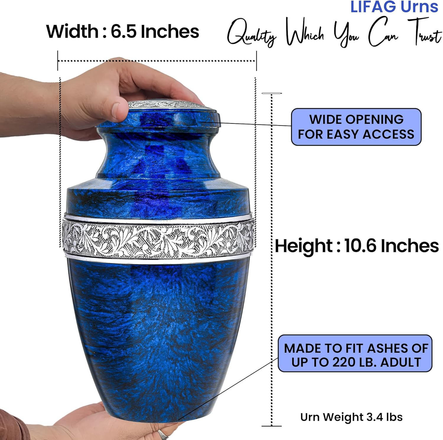 Blue Urns for Human Ashes Adult Female & Male with Cross Necklace & Velvet Bag | Handcrafted Marble Finish Metal Cremation Urns for Human Ashes Adult Man | Elegant Burial & Funeral Urn - 220 lbs - Image 3