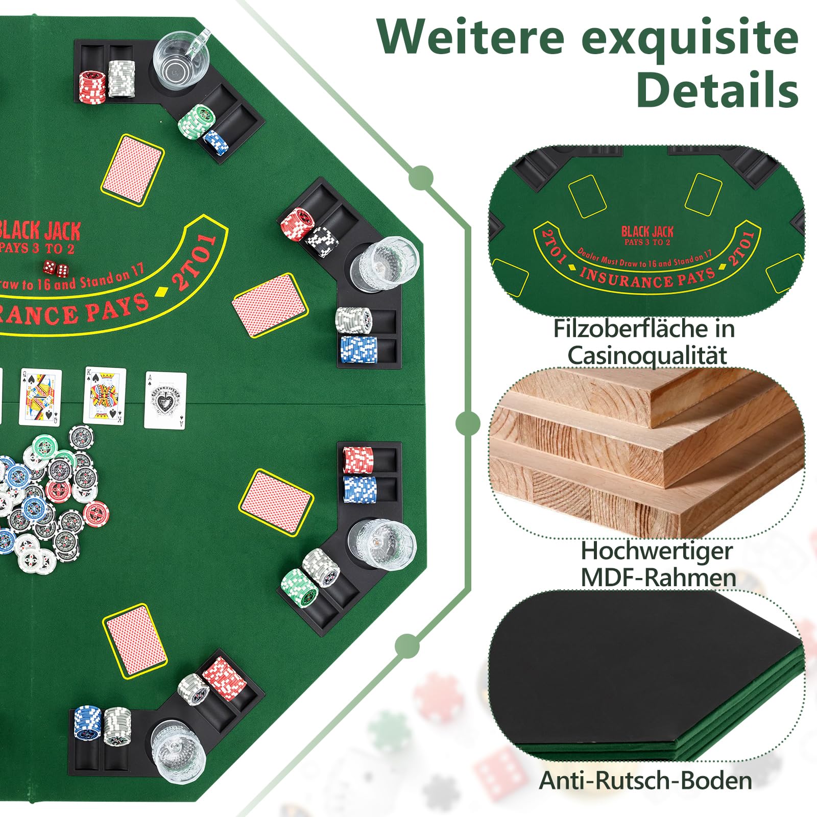 DREAMADE Faltbarer Pokerauflage für 8 Spieler, Pokertisch Matte 120x120 cm mit Getränkehalter & Tragetasche