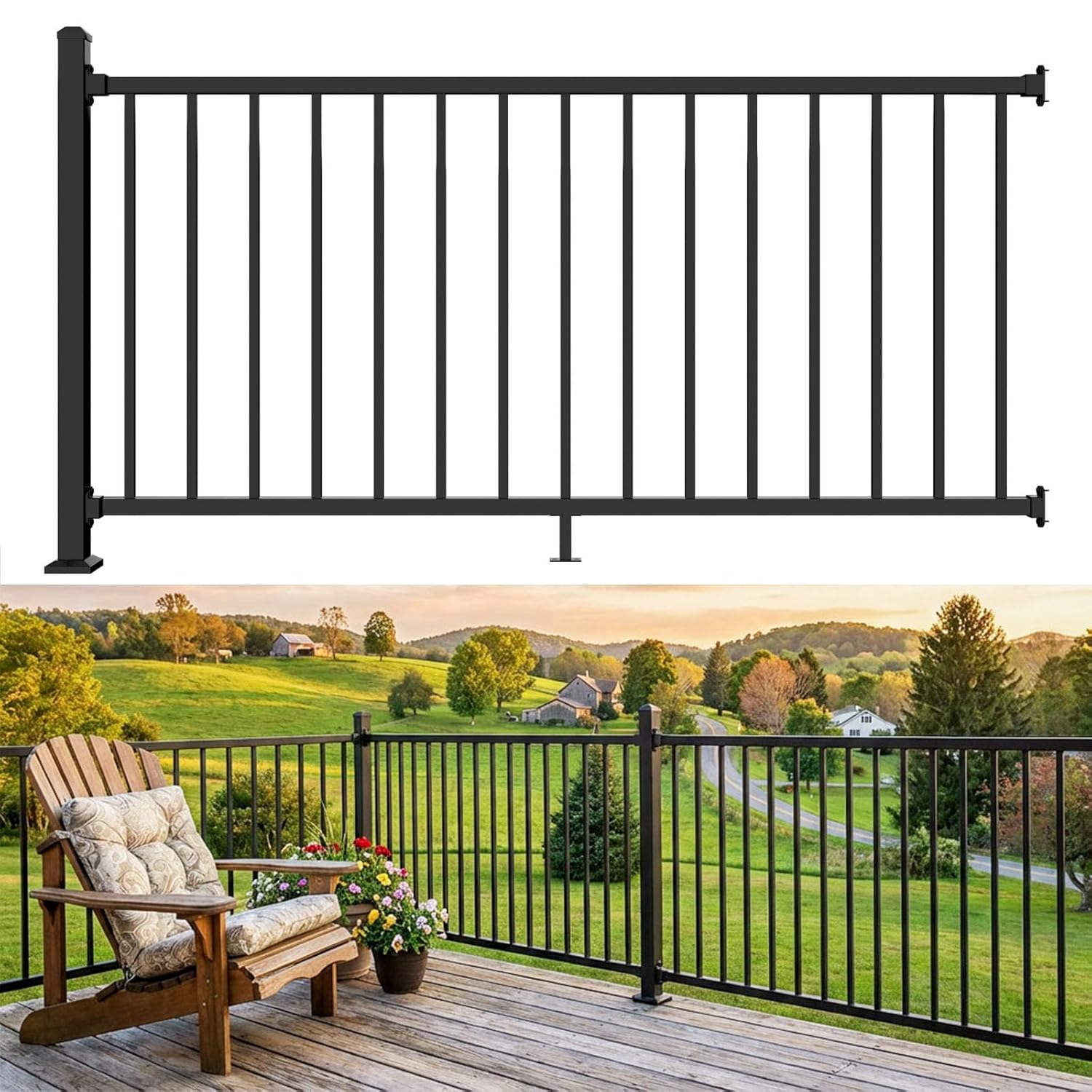 Guwezoy 6ft x 36in Aluminum Deck Railing Kit with Post - Snap-Fit Matte Black Porch Rail for Decks, Patios, Gardens
