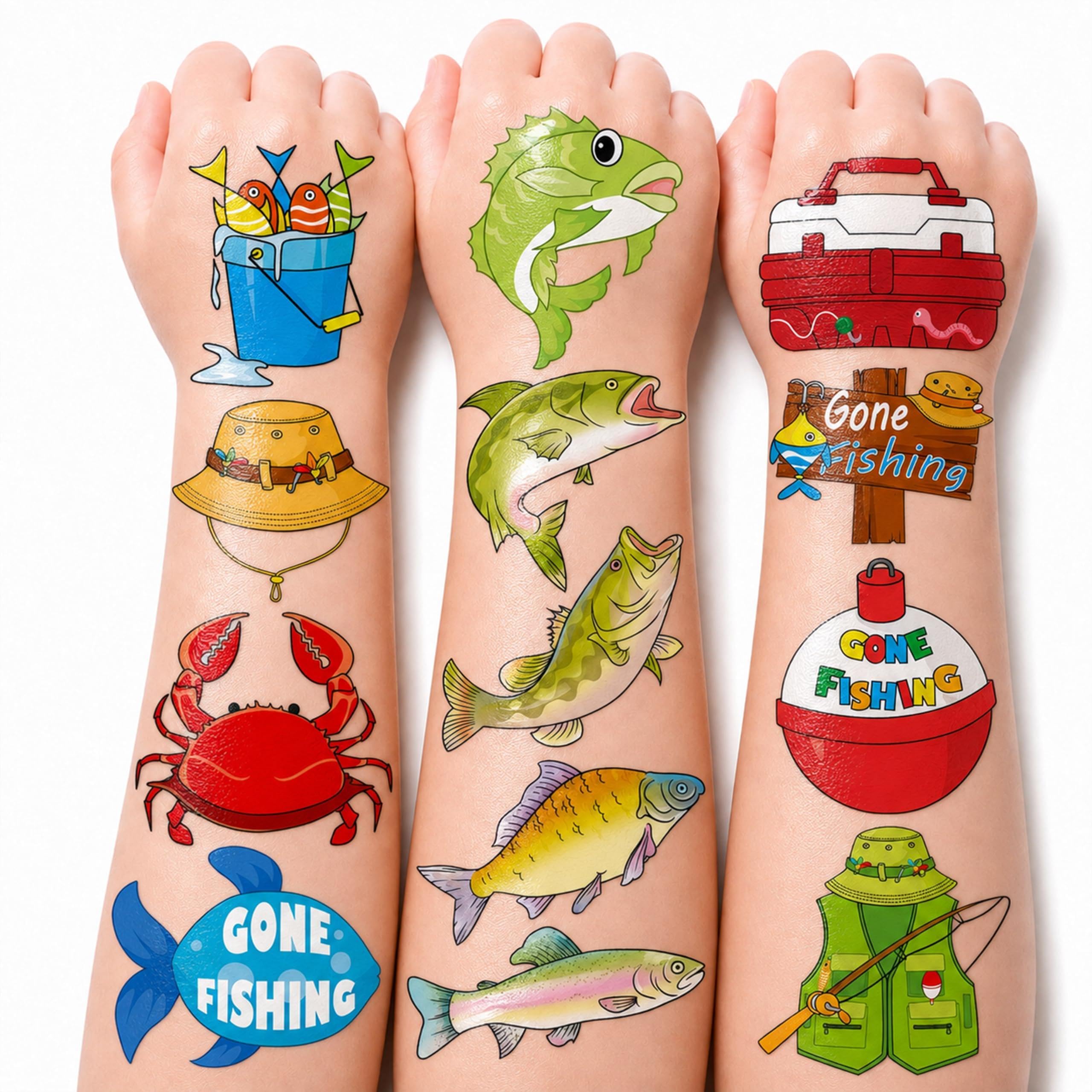 96 PCS Pre-Cut Fishing Temporary Tattoos for Kids Birthday Party Favors