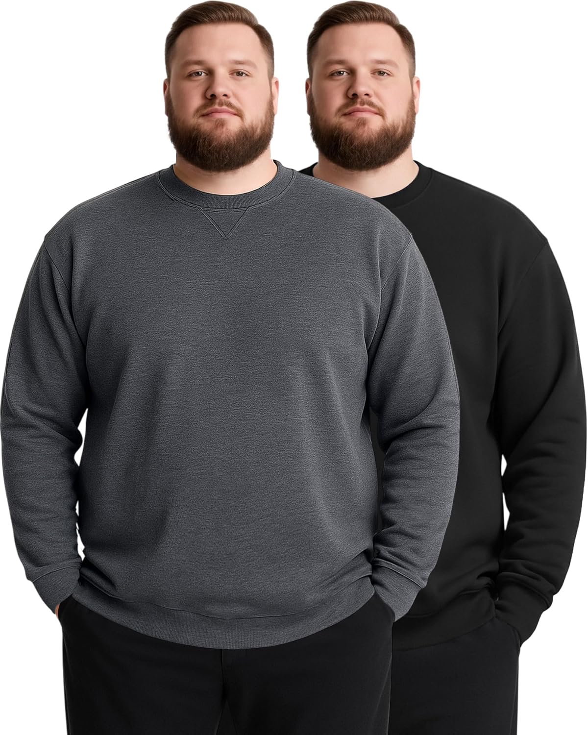 Taiyin 2 Pack Men's Big and Tall Fleece Crewneck Sweatshirts, Long Sleeves Casual Lightweight Basic Pullover Warm Tops
