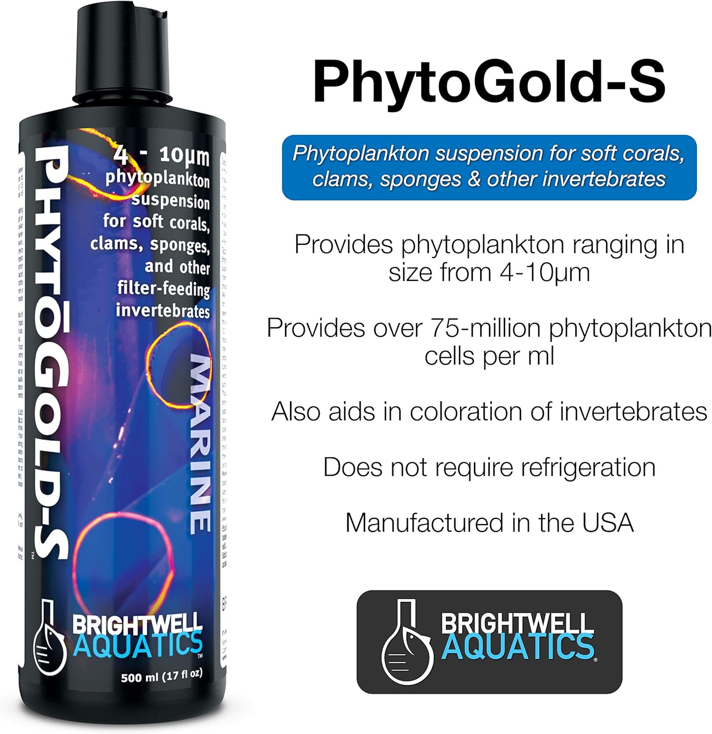Brightwell Aquatics PhytoGold-S, 4-10 Micron phytoplankton Suspension for Soft Corals, Clams, sponges, and Other Filter-feeders, 500ml