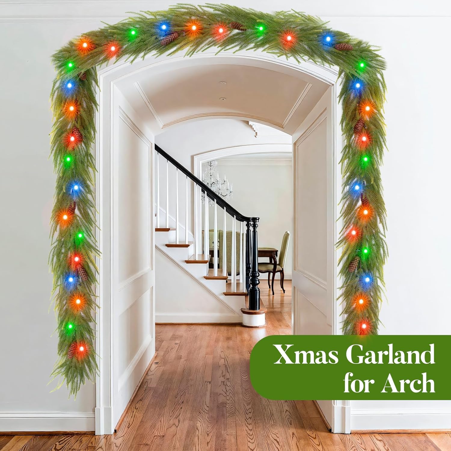 9FT Norfolk Pine Garland with Lights, Lighted Christmas Garland with Timer & 8 Lights Modes- Prelit Battery Operated Pine Garland with Pinecones for Mantle Table Fireplace Door Staircase Decorations