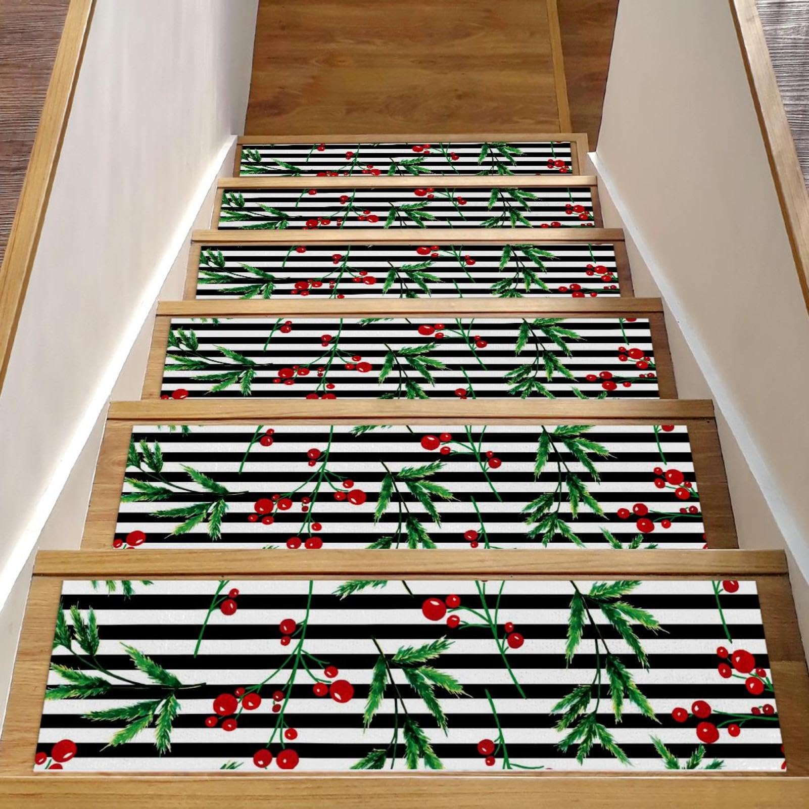 15 peldaños antideslizantes de Navidad con rayas negras y blancas para escaleras de madera