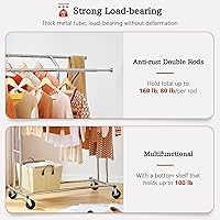 Vista 5 de Tajsoon Perchero resistente con estante y ganchos, doble barra de ropa con ruedas con cerradura, percheros plegables para colgar ropa, perchero