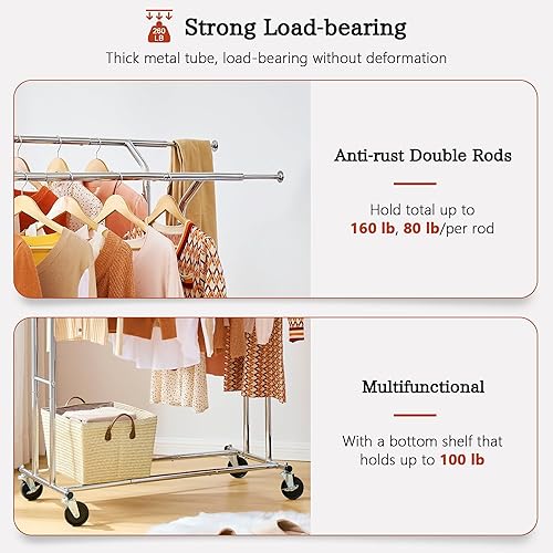 Miniatura 5 de Tajsoon Perchero resistente con estante y ganchos, doble barra de ropa con ruedas con cerradura, percheros plegables para colgar ropa, perchero para