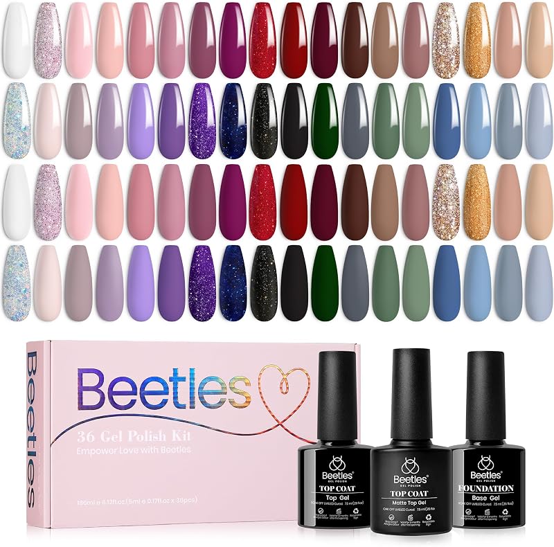 Beetles Gel Nail Polish Set 36 Colors Neutral Elegance Gel Polish Kit | Burgundy Red Blue Green Brown Gold Glitter Pink Gel with Base & Top Coat UV LED Needed Manicure Gifts for Women
