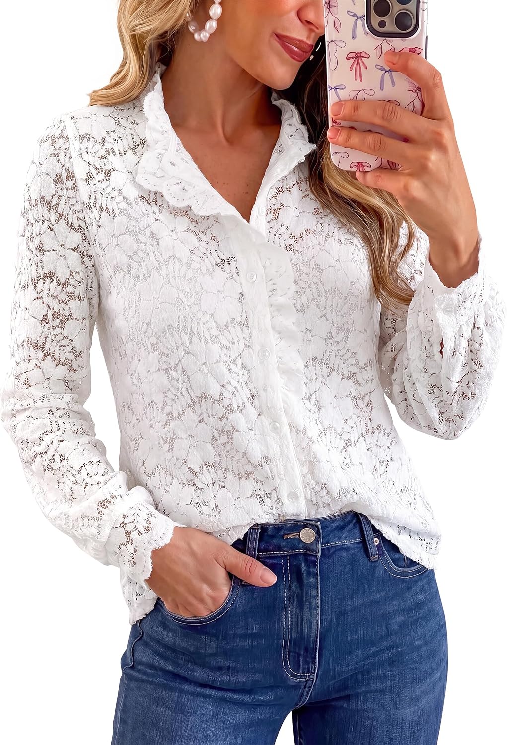 PRETTYGARDEN Women Lace Tops Button Down Long Sleeve Shirts