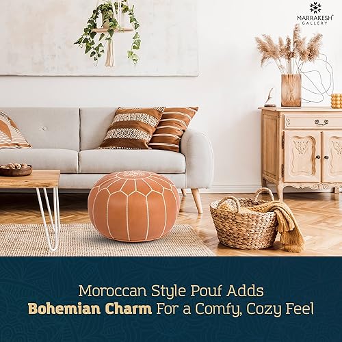 Miniatura 91 de Marrakesh Gallery - Funda de puf marroquí, otomana redonda y grande de piel, decoración bohemia para sala de estar, reposapies, sin relleno Marrón