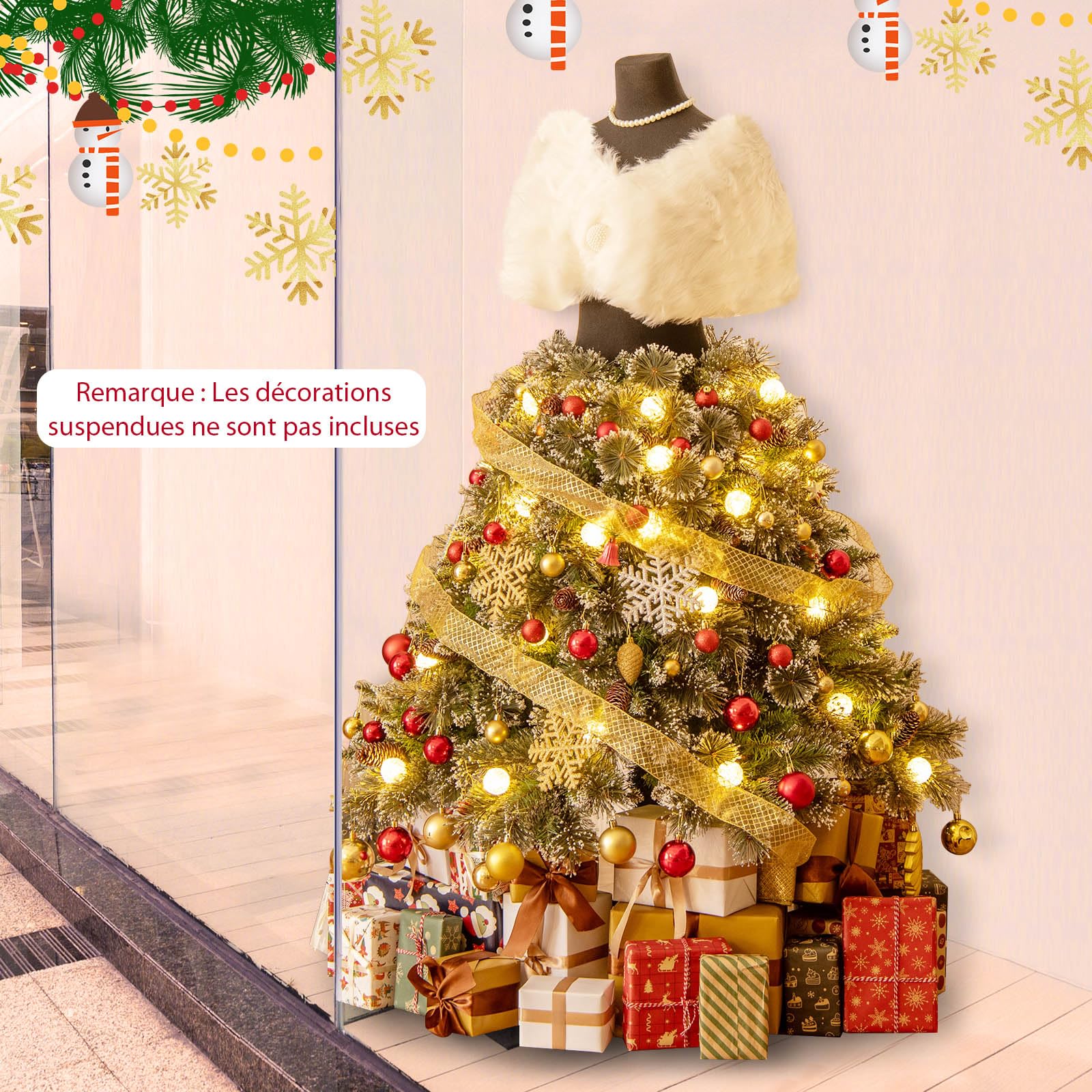 GYMAX Sapin de Noël Artificiel 150 cm Lumineux et Mannequin 2-en-1, avec Châle Blanc, Collier, 50 Lumières LED Blanc Chaud, 465 Branches et 36 Pommes de Pin, Décoration pour Magasin, Maison