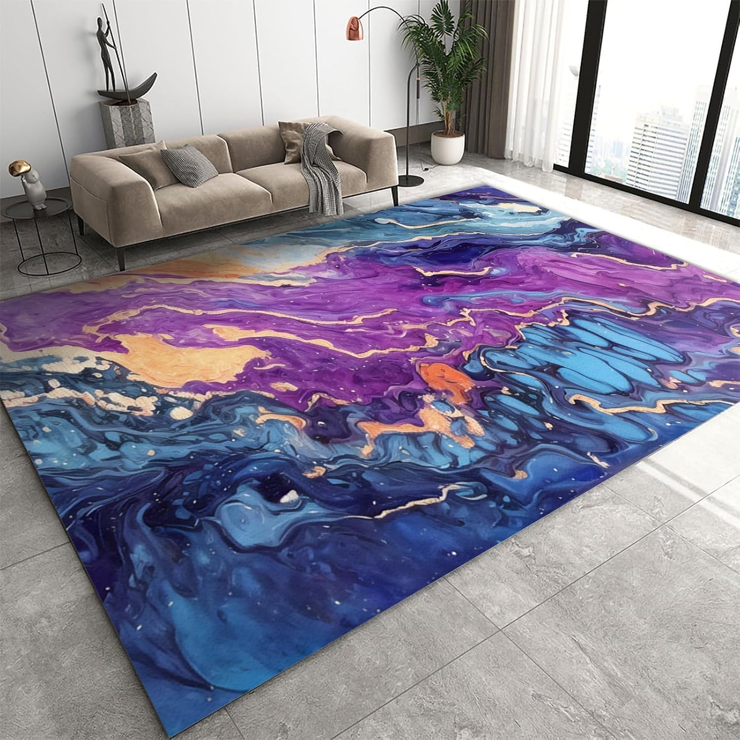 Tapis antidérapant et lavable motif marbre abstrait pour salon sécurisé