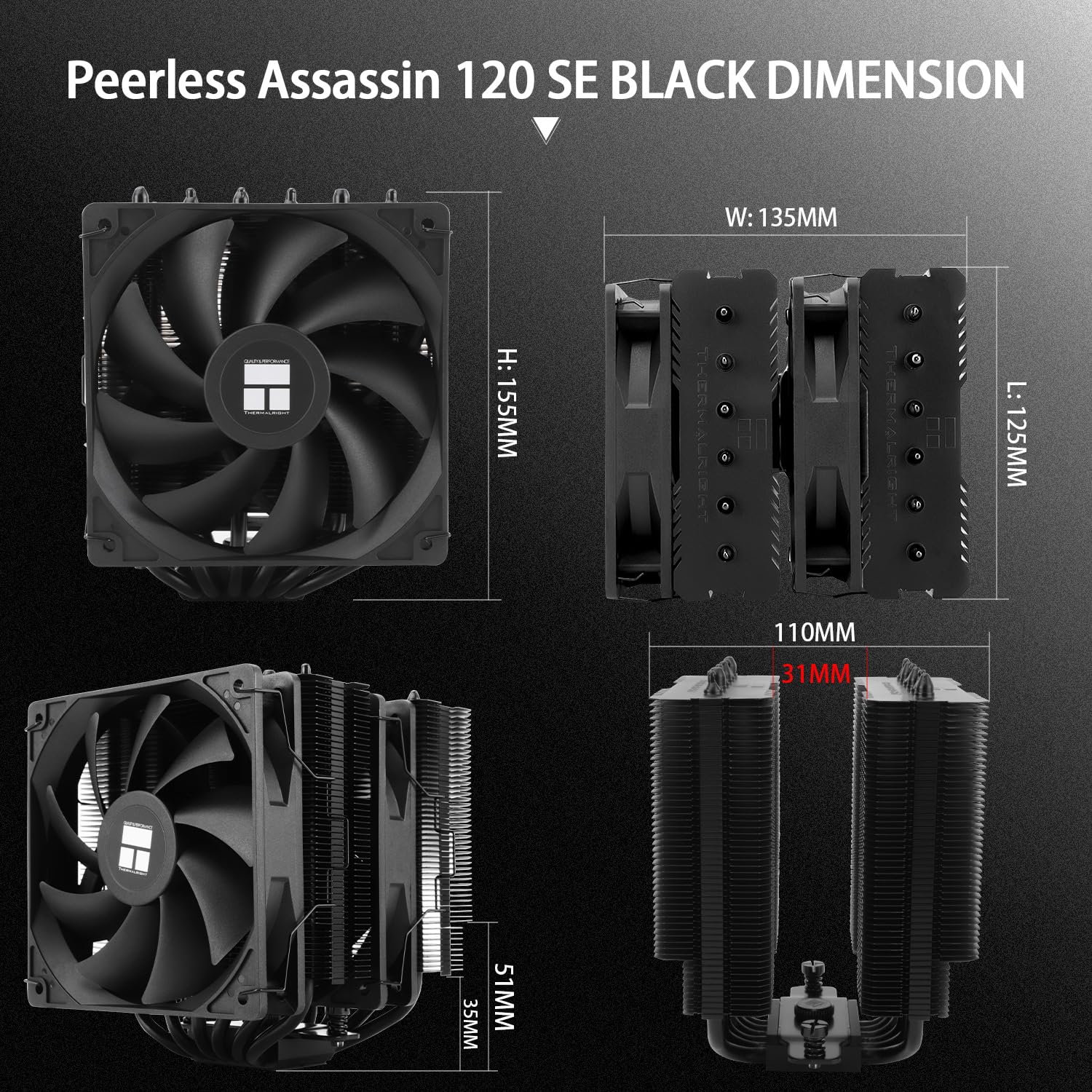 Thermalright Peerless Assassin 120 SE Raffreddatore d'aria per processore, 6 tubi di calore, due ventole TL-C12C PWM, raffreddamento CPU da 155 mm, forAM4/AM5 e Intel LGA 1851/1700/1150/1151/1200