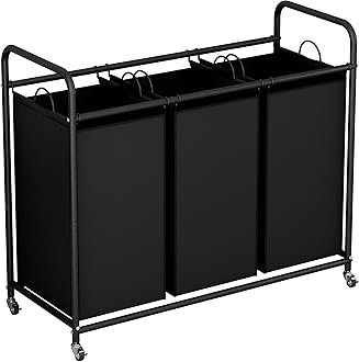 3-Bag Laundry Basket, Black Laundry Hamper, 35.6 Gal(135 L) Laundry Sorter Cart Laundry Room Organization with Heavy Duty Rolling Lockable Wheels and Removable Bags