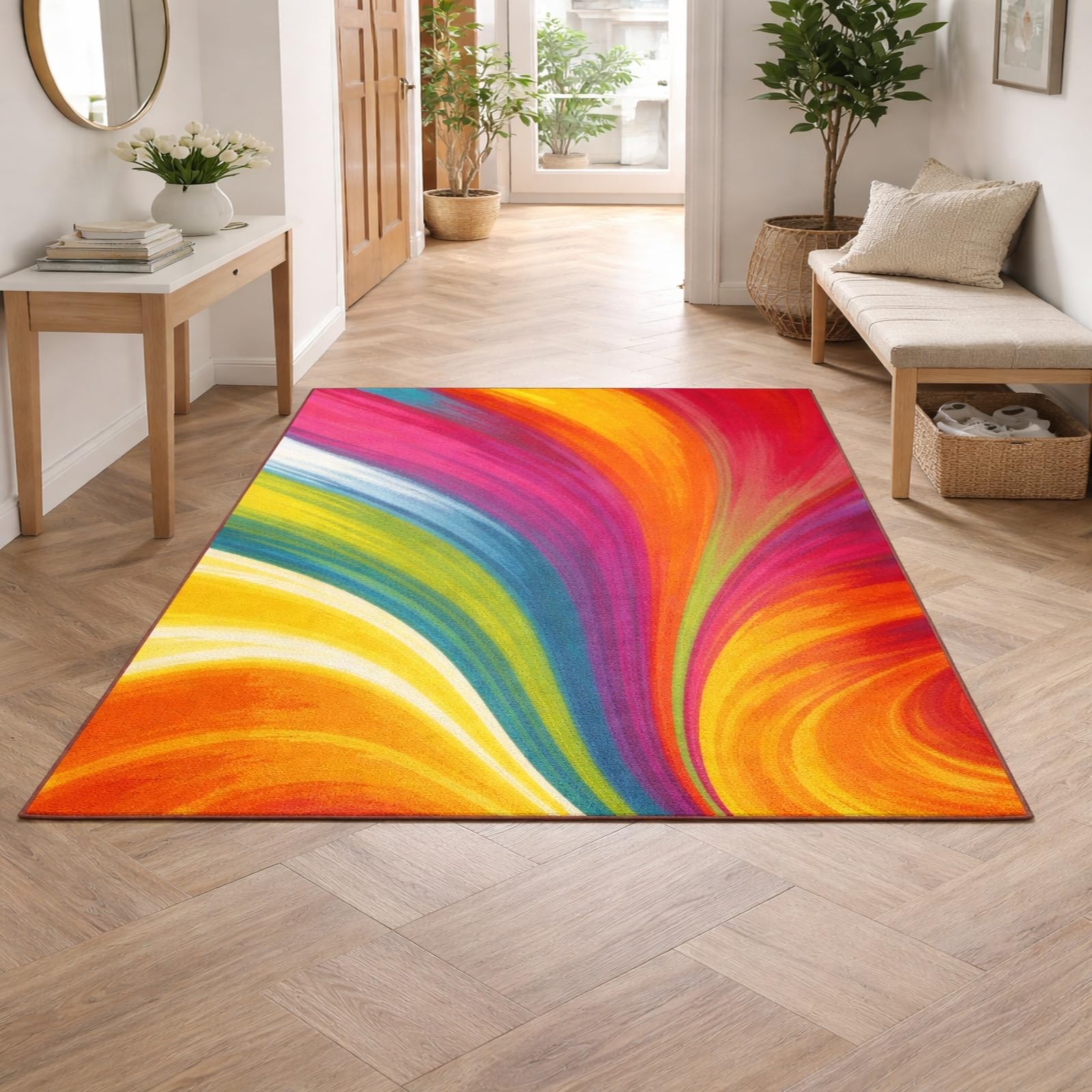Tapis multicolore rouge jaune bleu vert orange abstrait moderne deco