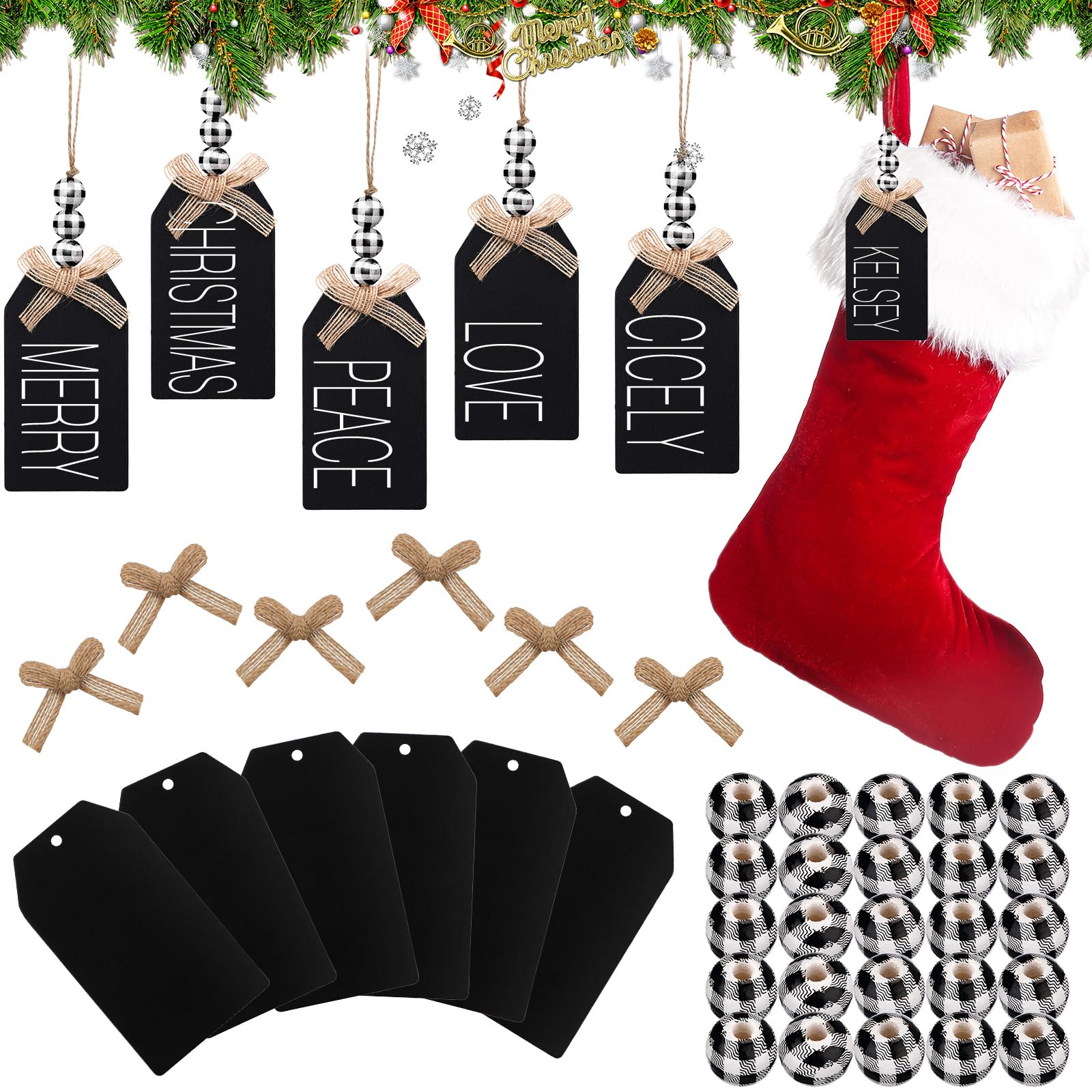 Étiquettes de Noël en ardoise et perles pour personnaliser vos chaussettes de cheminée