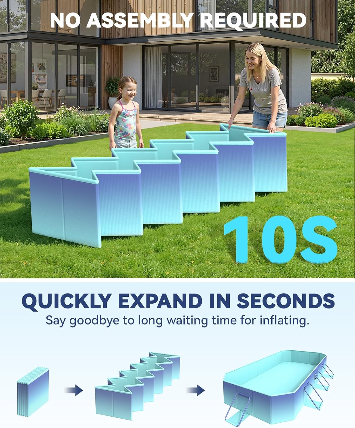 HeySplash Foldable Pool, Non-Inflatable Swimming Pool with Rigid Puncture-Proof Hard Composite Board, Kiddie Pool Outdoor Pool, Adults & Kids Pool for Backyard Garden Dog Pool 114"×70"×19", Ice Blue