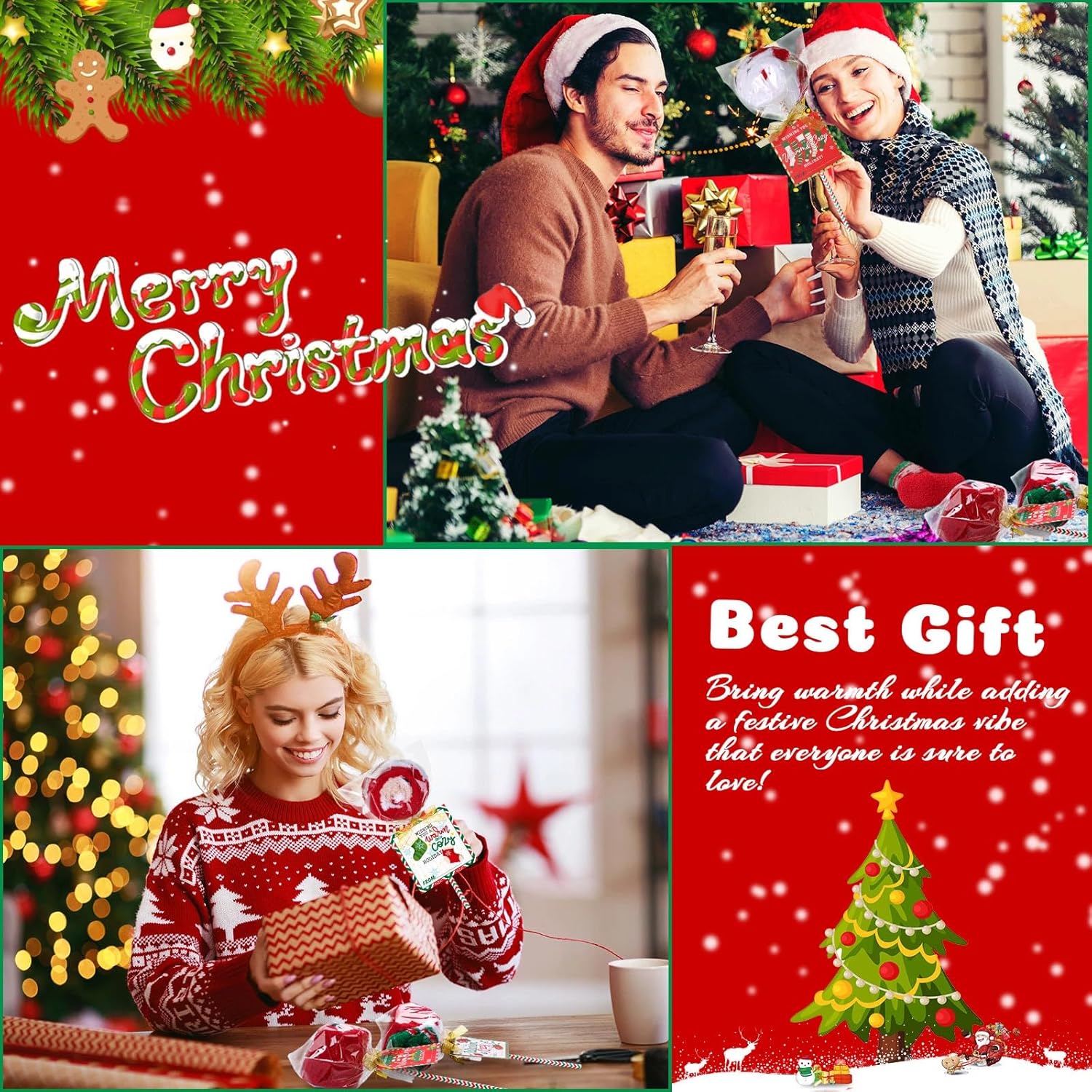 Blosssound 24 Sets Christmas Socks Gifts Crafts for Women Red Green Lollisocks with Cards Tags Stickers Plastic Bags Winter Warm Fuzzy Crew Slipper Socks for Xmas Bag Filler Stuffers Party Favors - Image 7
