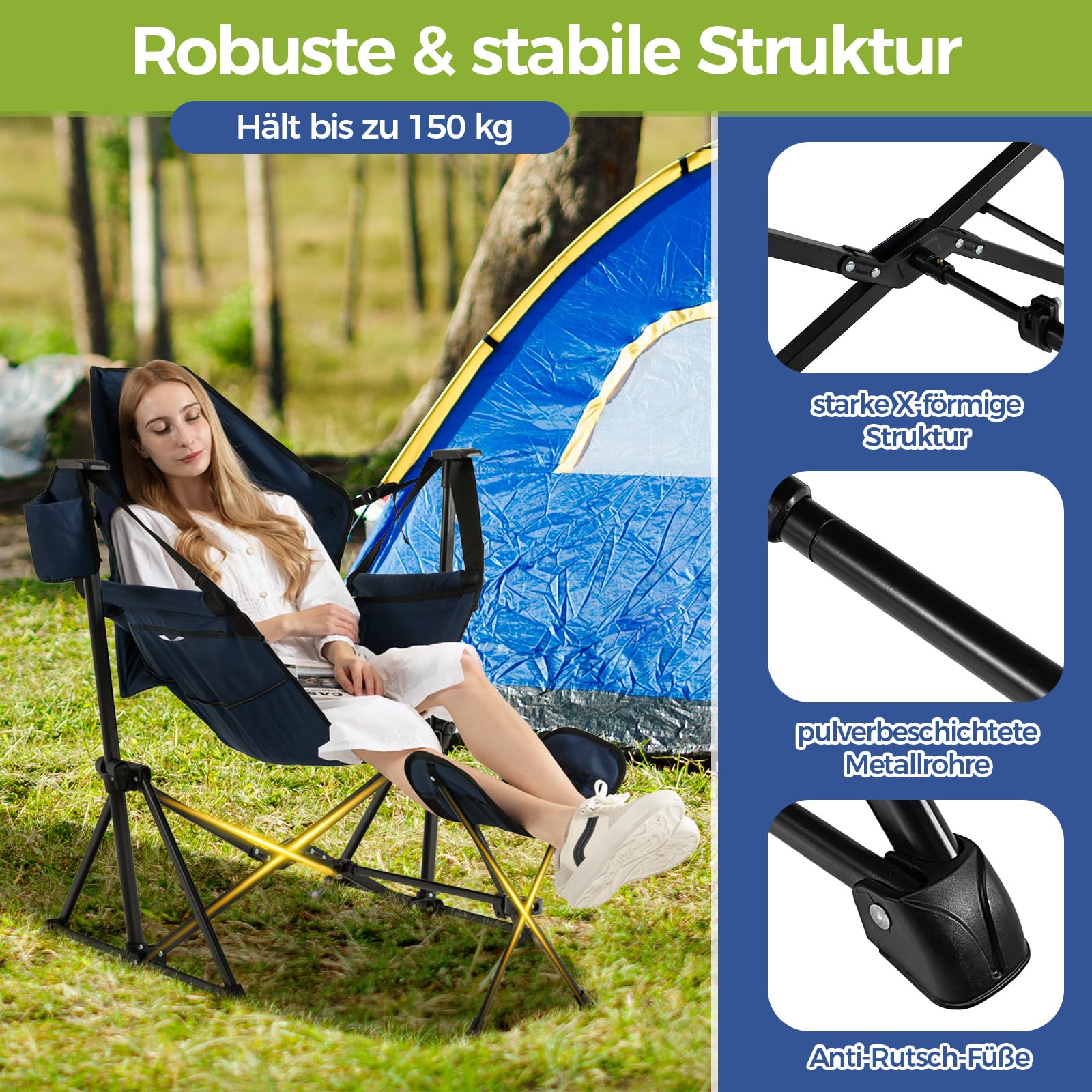 GOPLUS Campingstuhl faltbar mit Fußablage, Anglerstuhl 150kg, Klappstuhl mit verstellbare Rückenlehne, Kopfstütze, Getränkehalter, Tragetasche, Anglerstuhl tragbar Outdoor Camping Angeln (Marineblau) Sonstiges